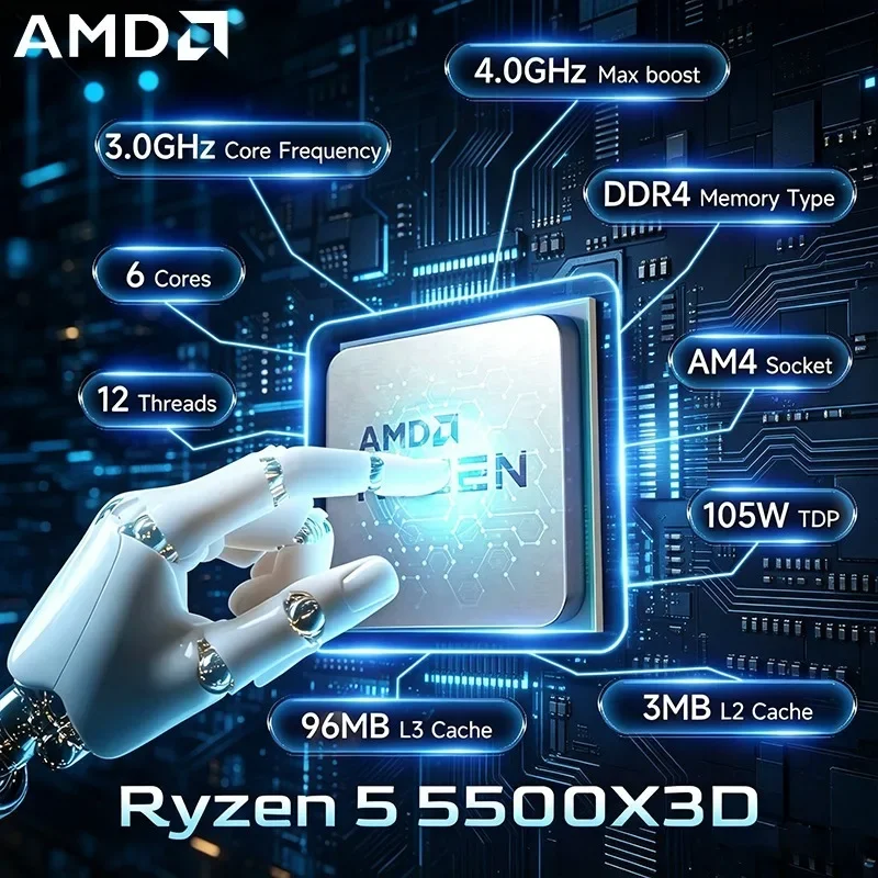 AMD 라이젠 5 5500X3D 프로세서 6코어 12스레드 3.0GHz 기본 속도 4.0GHz 최대 부스트 속도 AM4 소켓 L3 게임 캐시 105W TDP 7nm 데스크탑 CPU