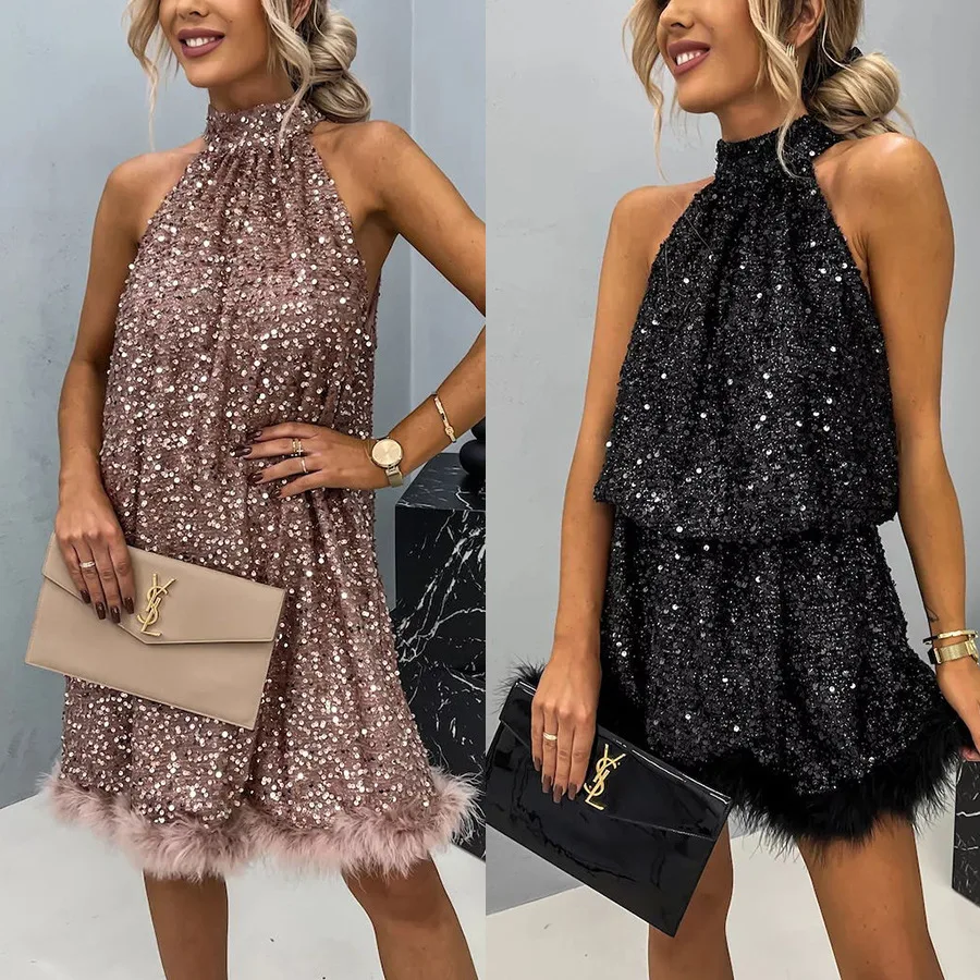

2024 New Party Sequin Hanging Neck Fashion INS Casual Lace Up Sleeveless Dress