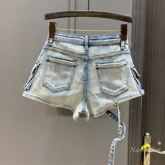 2024 Summer New American Retro Hot Girl High Waist Denim Shorts Women's Design Sense Niche Workwear with Pocket Hot Pants