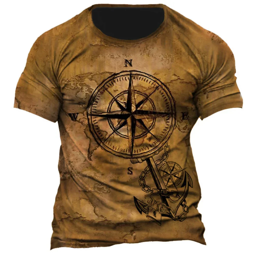 Vintage Men's T-shirt Summer American Shirt Tops Compass Printed Short-sleeve Tees Loose Daily Men Clothing Casual Streetwear 1