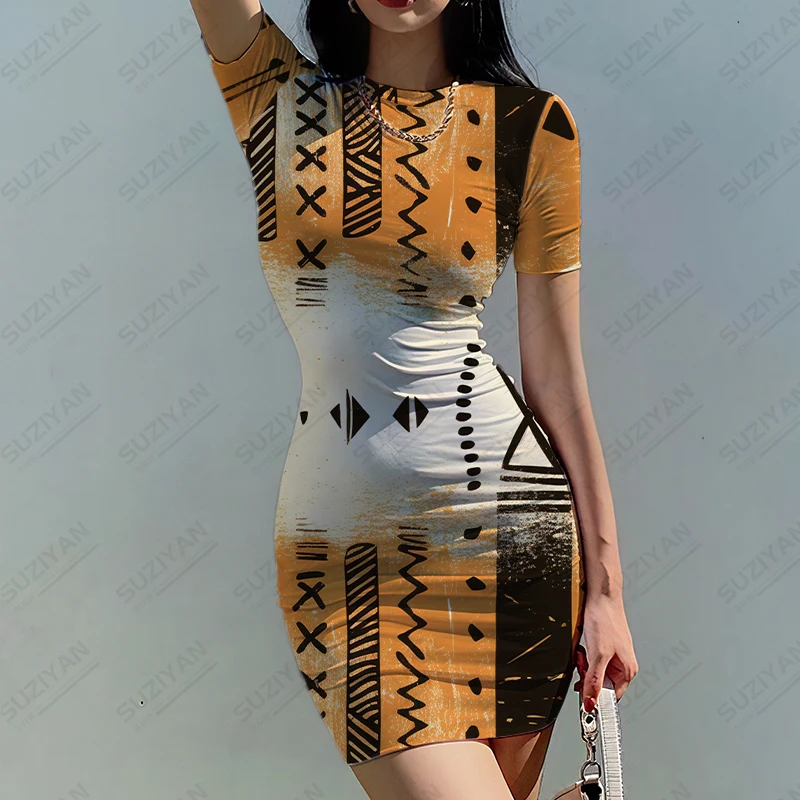 

Tribal National Style 3D Printed Dress Fashion Vintage Short -sleeved Dress High Street Round Neck Dress Female Slim Dress