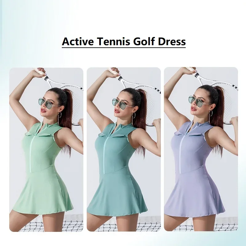 Summer Women's Tennis Dress Fashion 2-in-1 Tennis Golf Sports Dress Ladies Zipper Collar Fitness Workout Skirts with Inner Short
