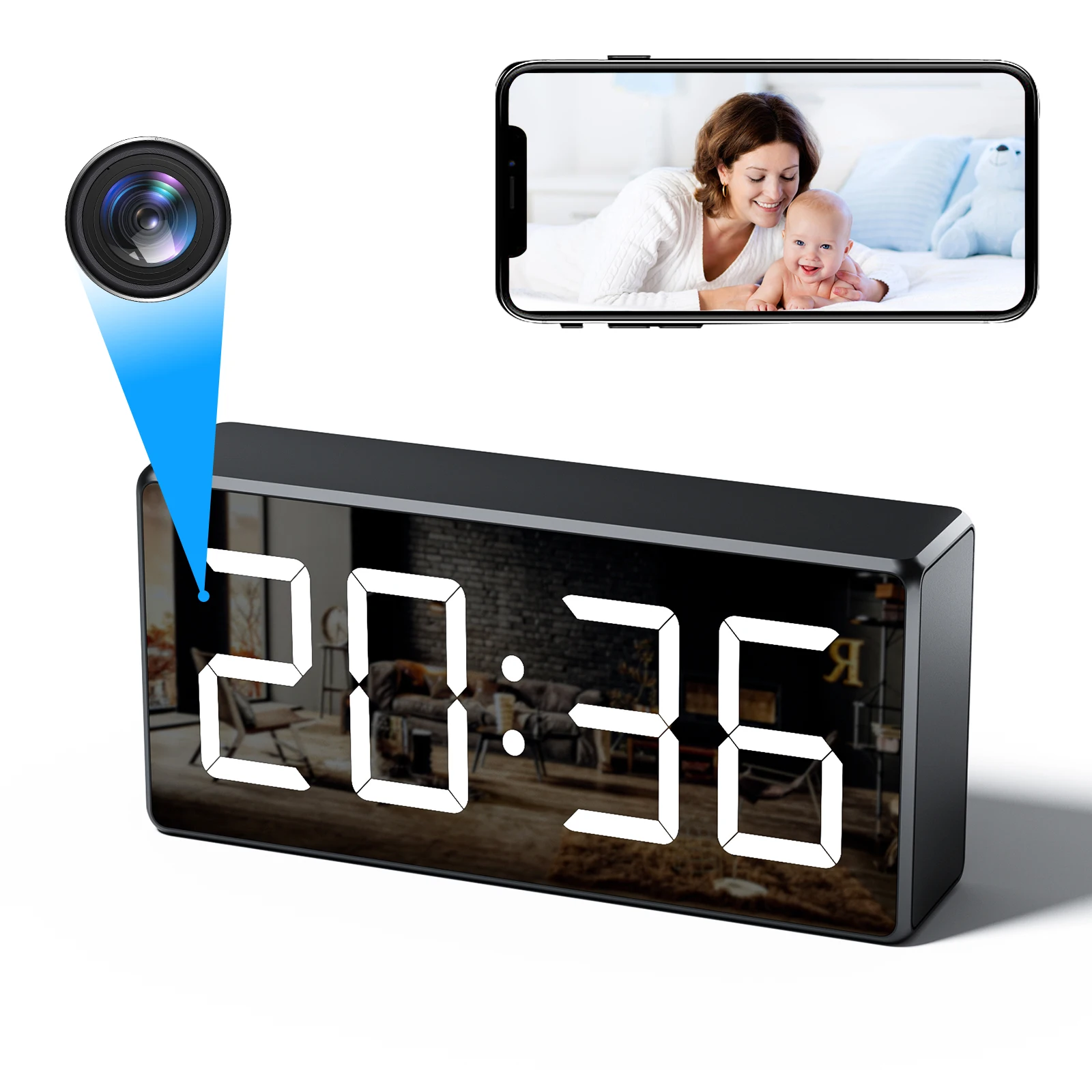 1080P HD WIFI 時計カメラ 166 度カメラマイクロ 監視カメラ HDカメラとwifiを備えた時計,166度マイクロカメラ,暗視,アラーム