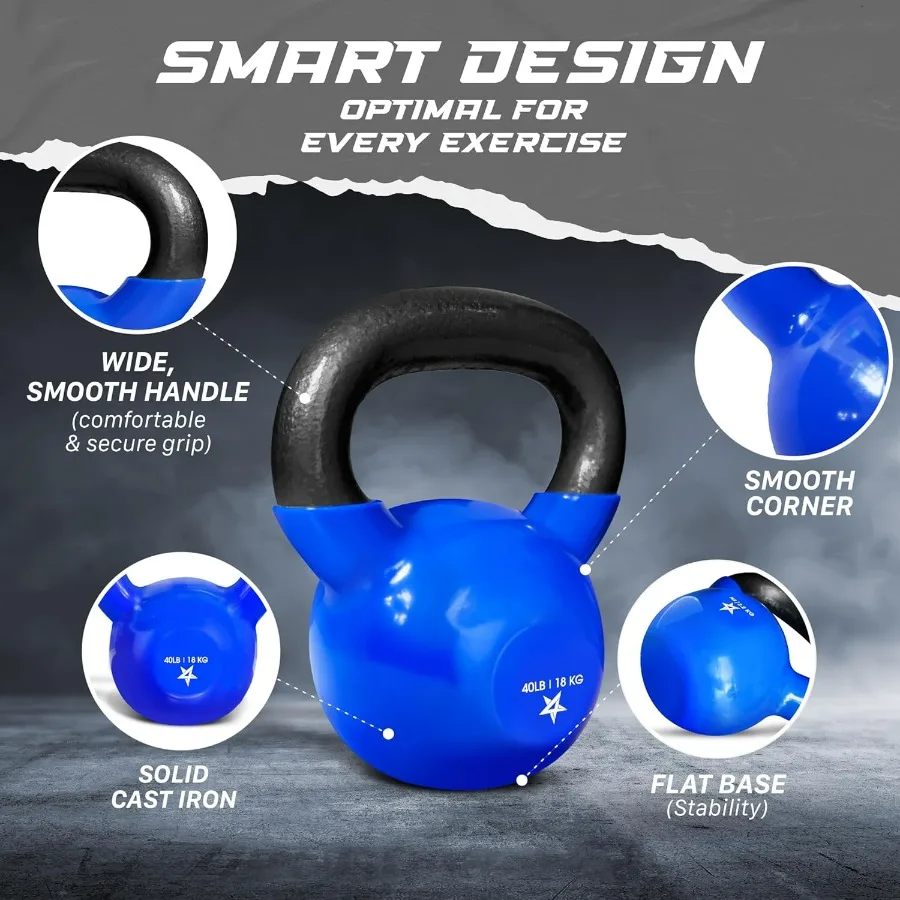 Kettlebell, 40LB Vinyl Coated Cast Iron Strength Training Kettlebells for Home Gym Exercises, Fitness, Full Body Workout Equipme