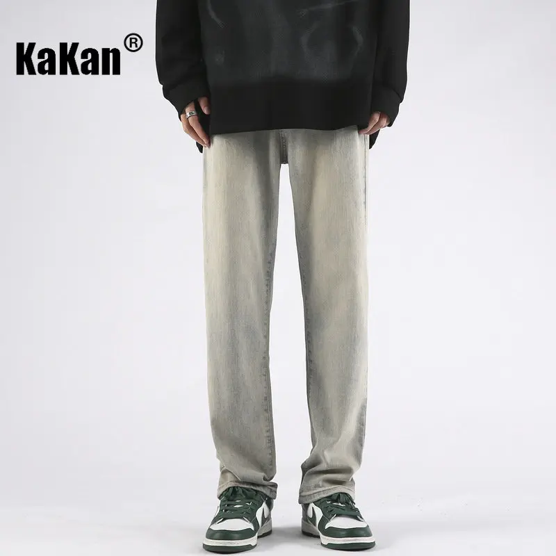 Kakan - Spring and Summer New High Street Yellow Mud Dyed Jeans Men's Wear, Straight Stretch Made Old Casual Jeans K024-LQS907