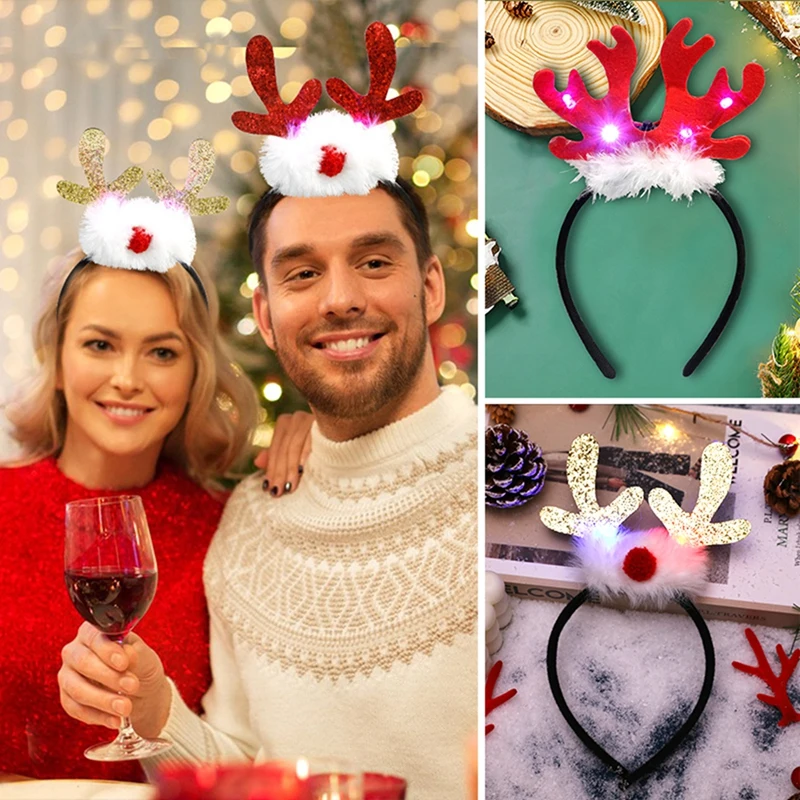 2025 Christmas Led Headbands Plush Hair Accessories Antlers Deer Ear Hair HoopLed Glowing Headband Xmas Festival Photo Props 머리띠