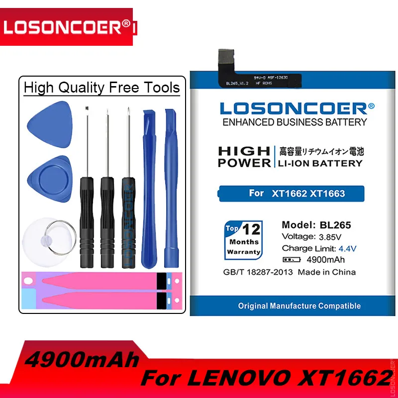 

LOSONCOER BL265 4900mAh For Lenovo M Kung-Fu XT1662 Battery OTO XT1663 obile Phone Batterie+Quick Arrive