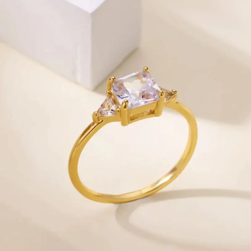 Zircon Square Ring for Women 18K Gold Plated Stainless Steel Crystal