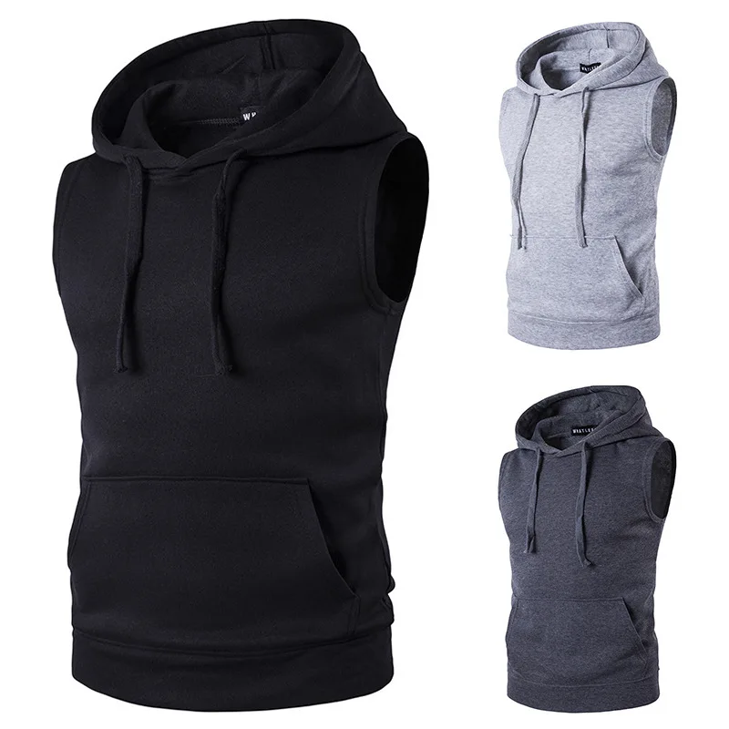 2023 Japanese Streetwear Casual Hoodie Men Fleece Sleeveless Sweatshirt Men Solid Color Basic Hoodies Pullover with Pocket