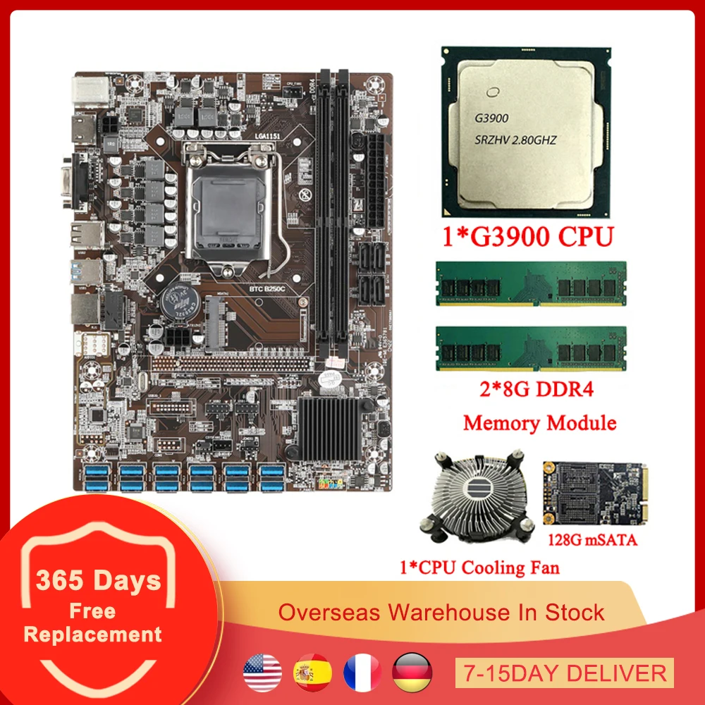 Набор материнской платы для майнинга B250C комбинированный USB3.0 PCIE X16 LGA 1151 DDR4 G3900 CPU