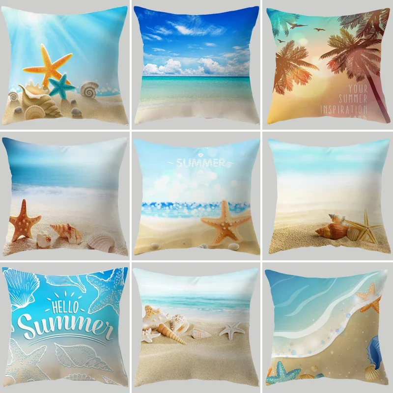 

Summer Ocean World Pillow Case Ins Starfish Conch Animal Beach Landscape Print Poster Cushion Cover Sofa Living Room Home Decor