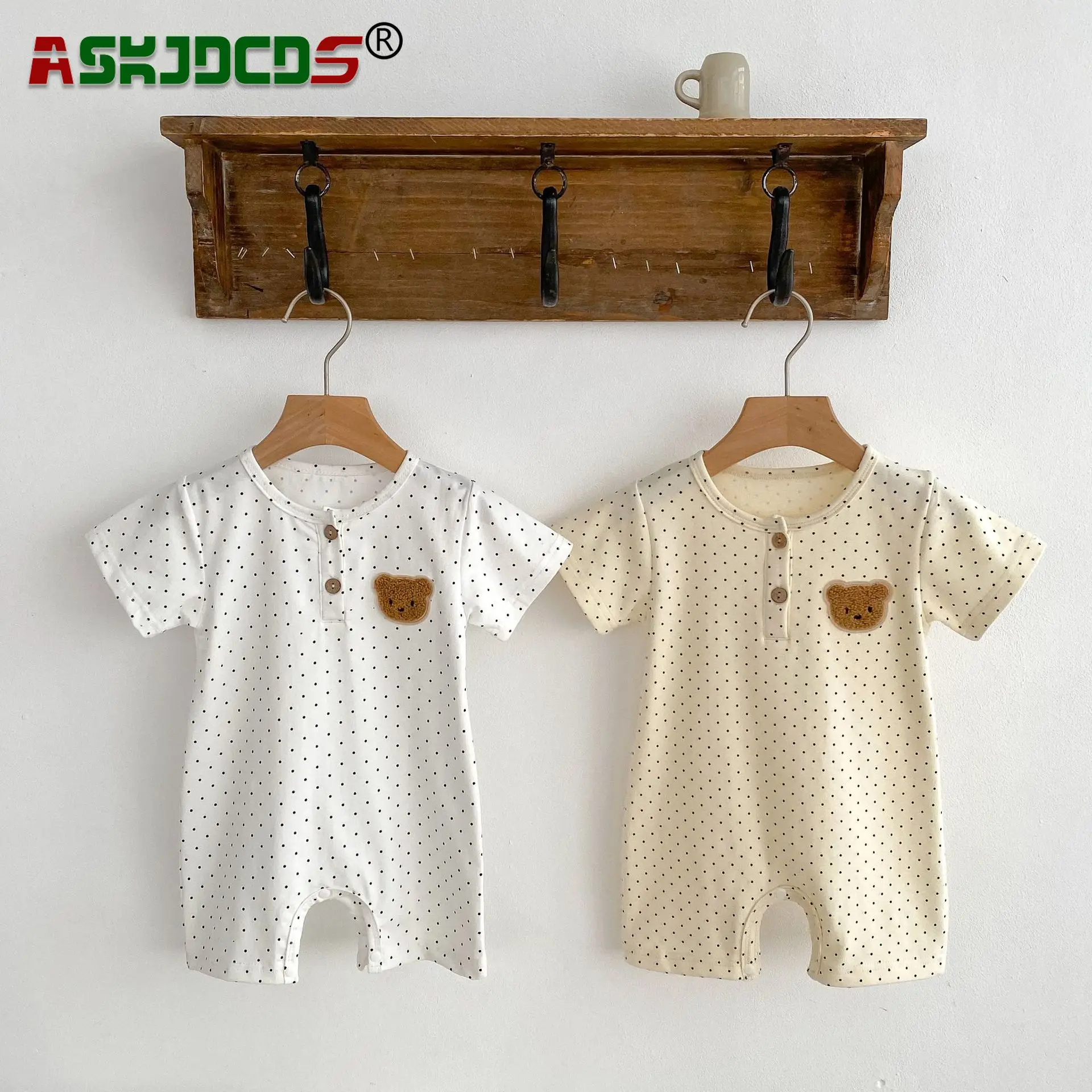 Toddler Infant Baby Boys Girls Short Sleeve Dot Patch Bear Jumpsuits Newborn Kids Pure Cotton Clothing  Cartoon Romper