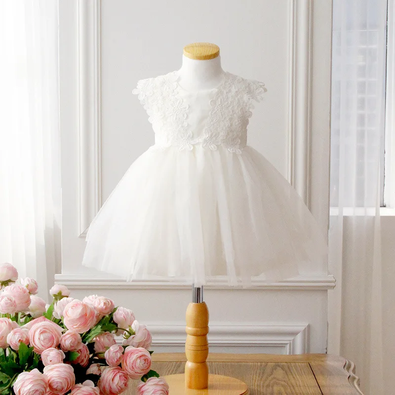 

2023 White Lace Dresses Flower Girl Bow Cute Dress Sleeveless Gown Evening Party Girls Skirt Clothing Princess Costume For Eid