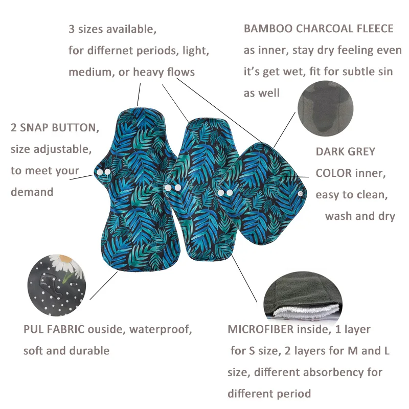  Reusable Waterproof Bamboo Charcoal Menstrual Pads Sets-Panty  Liner Regular Flow Heavy Flow (Zhutan, m) : Health & Household