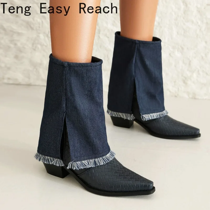 

New Blue Women's Cowboy Western Boots 2024 Fall Fashion High-heeled Ankle Boots Women's Chunky Heel Jeans Botas Shoes