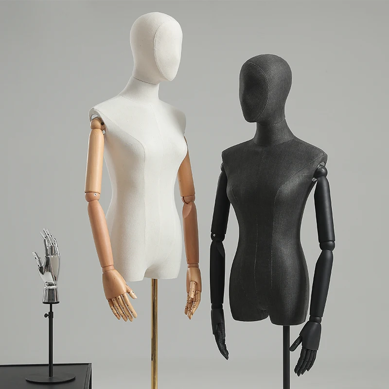 

High-Quality Wood Arm 2Colors Fabric Cover Female Head Mannequin Body Metal Base Wedding Women Adjustable Rack