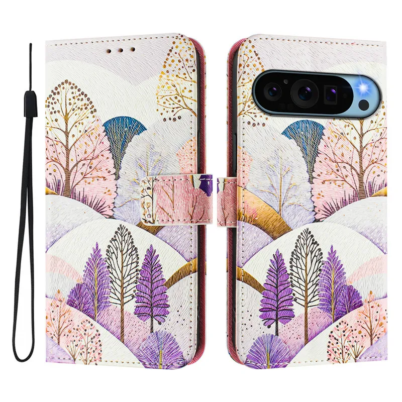 Leather Flip Cover Wallet with Magnetic Closure - Cat & Flower Design