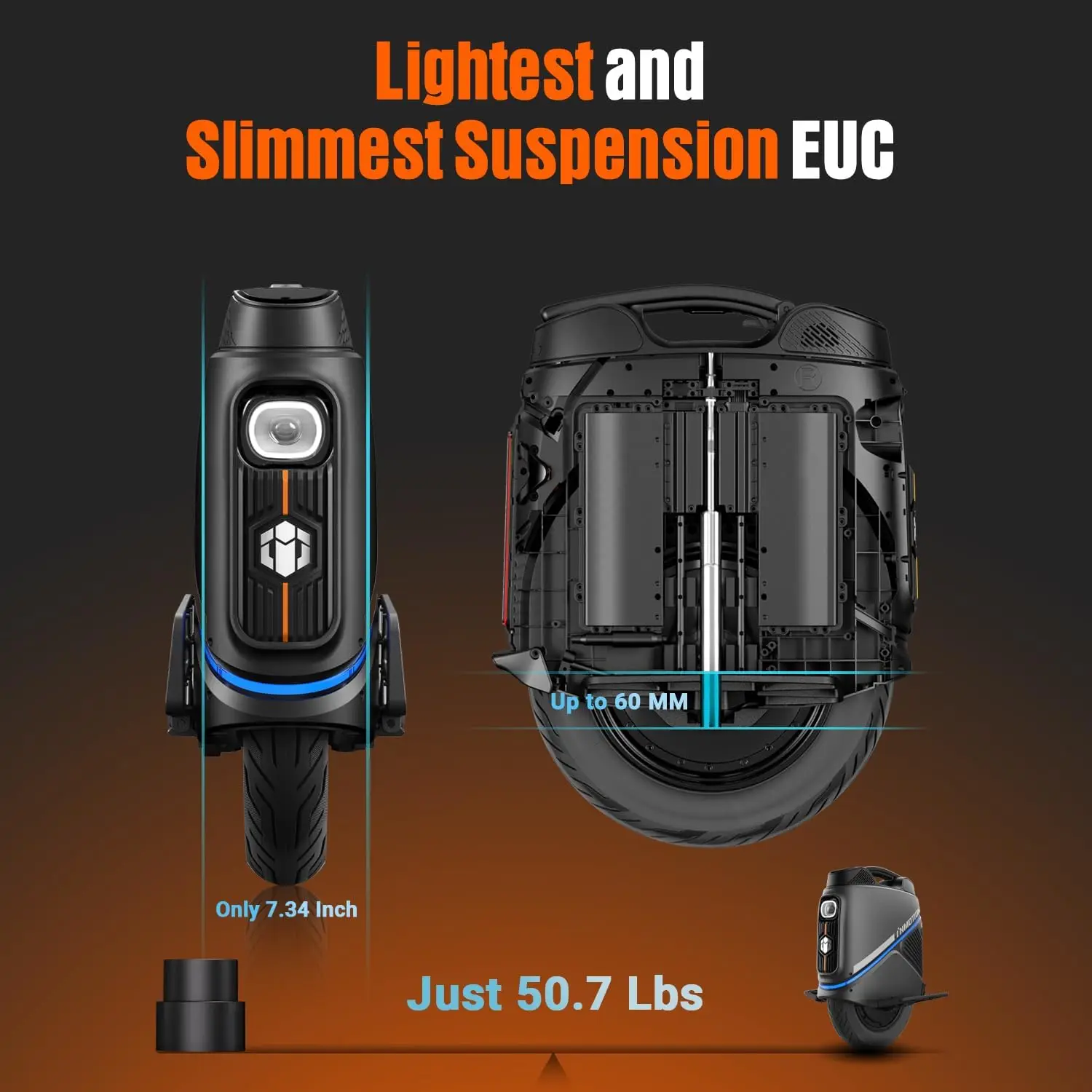 INMOTION V9 Electric Unicycle With GPS Tracking & Remote Lock 45km/h Speed 60km Range 84V 750Wh Battery Suspension EUC Wheel