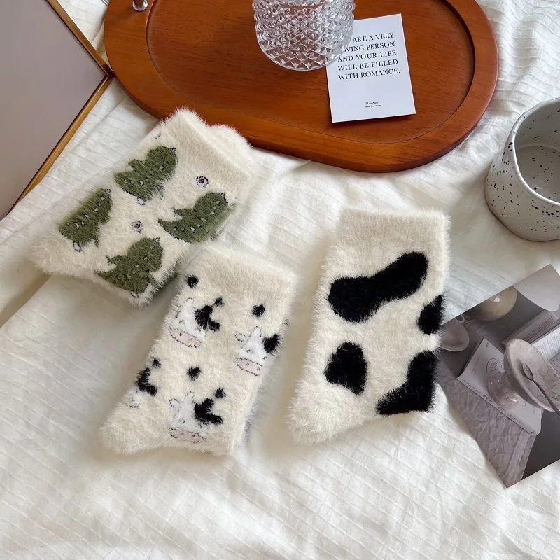 2 Pairs Cute Cow Spots Print Socks Thickened Warm Coral Fleece Socks Women's Stockings Hosiery womens socks