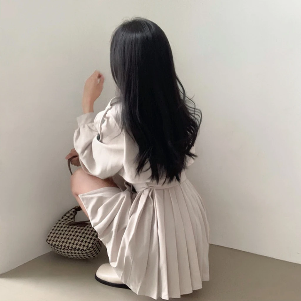 Gabardina elegante y plisada de estilo coreano para mujer, vestido con cinturón, cuello vuelto, doble botonadura, liso, para otoño