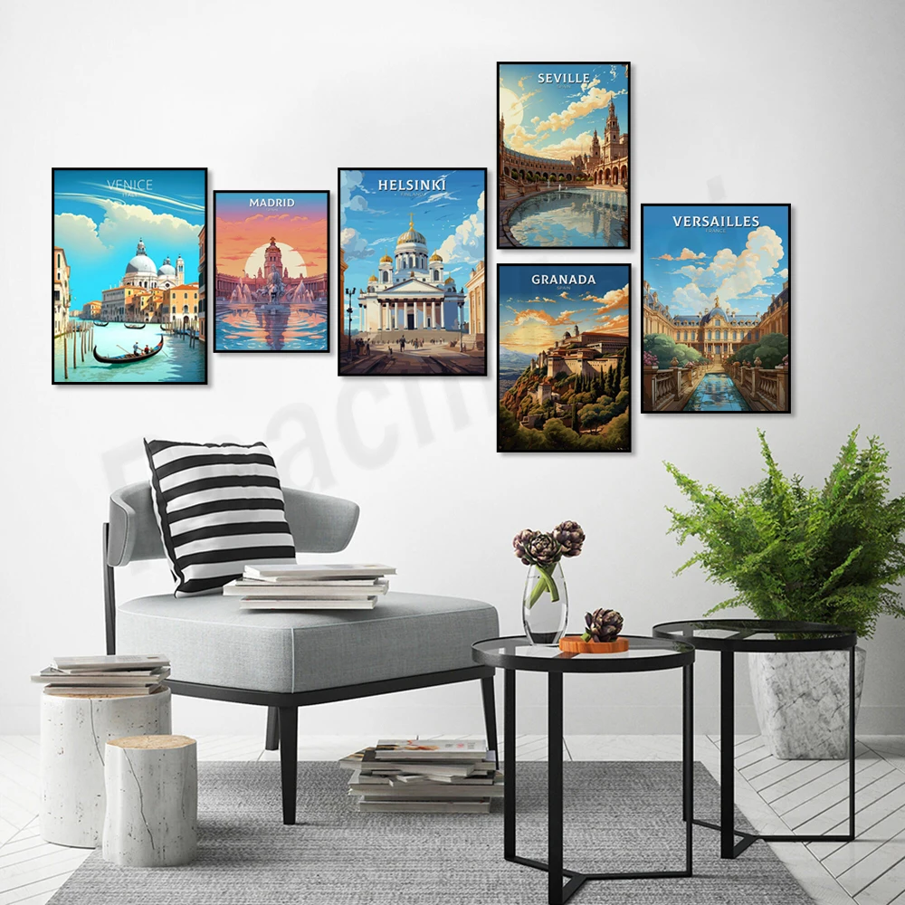 

Barcelona Druk, Venice, Madrid, Versailles, Ibiza, Santorini, Paris Triumph, Helsinki, Turku Finland, Cordovarese travel poster