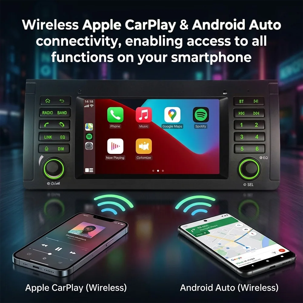 BMW 5 시리즈 E39 / X5 / M5 (1996-2007) 리눅스 시스템용, 무선 CarPlay, 블루투스 차량용 멀티미디어 터치스크린 헤드 유닛