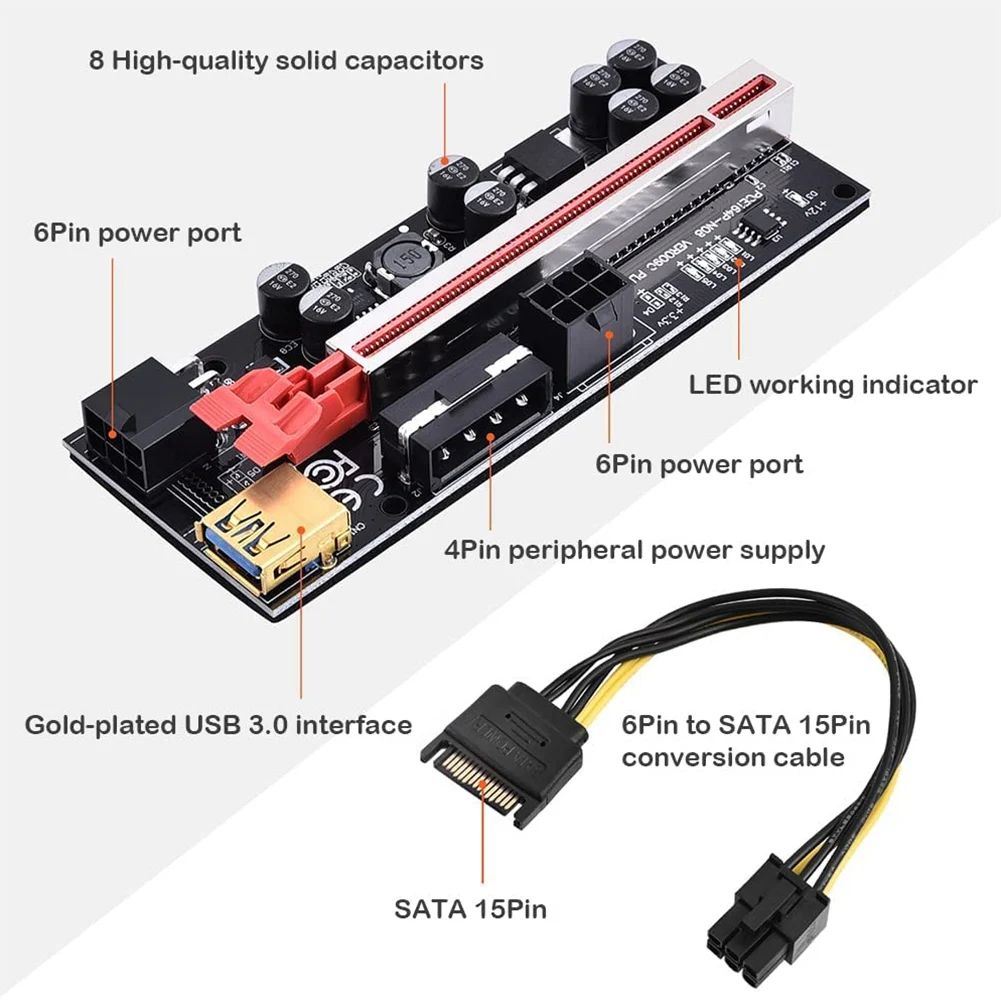 GPU 채굴 장비용 PCIe 어댑터, 1X 16X, 4 솔리드 커패시터 전원 Pcie 익스텐더, USB 케이블 PCIe 라이저 3 팩