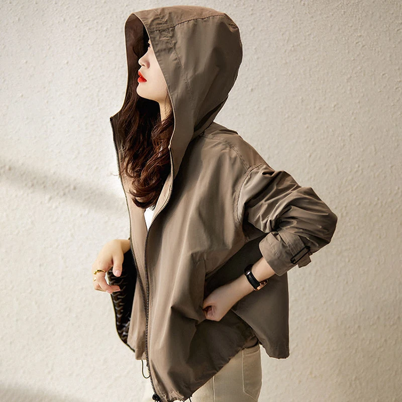 

Women's Hooded Windbreaker Short Jacket For Women Spring Autumn Loose Casual Zipper Trench Coat Female Outerwear Harajuku S-3XL