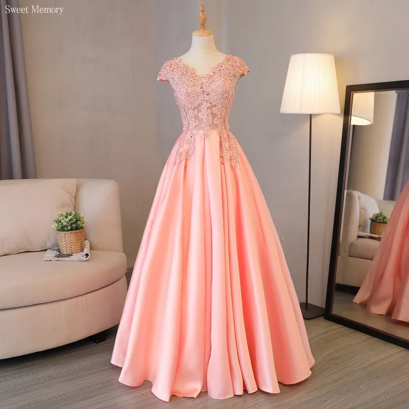J139 Sweet Memory Pink Graduation Dresses Prom Satin Lace Robe Women Girl Princess Robes Lady Floor Evening Dress Cocktail Party