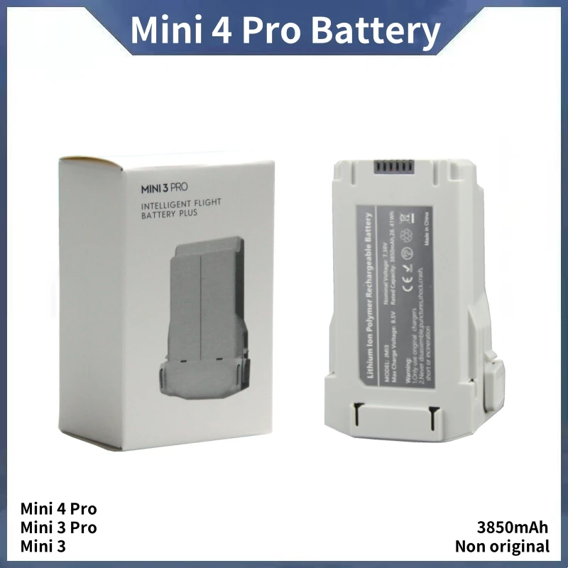 Vue de face de la batterie intelligente haute capacité pour DJI Mini 4 Pro, avec ports de connexion et indicateurs lumineux.