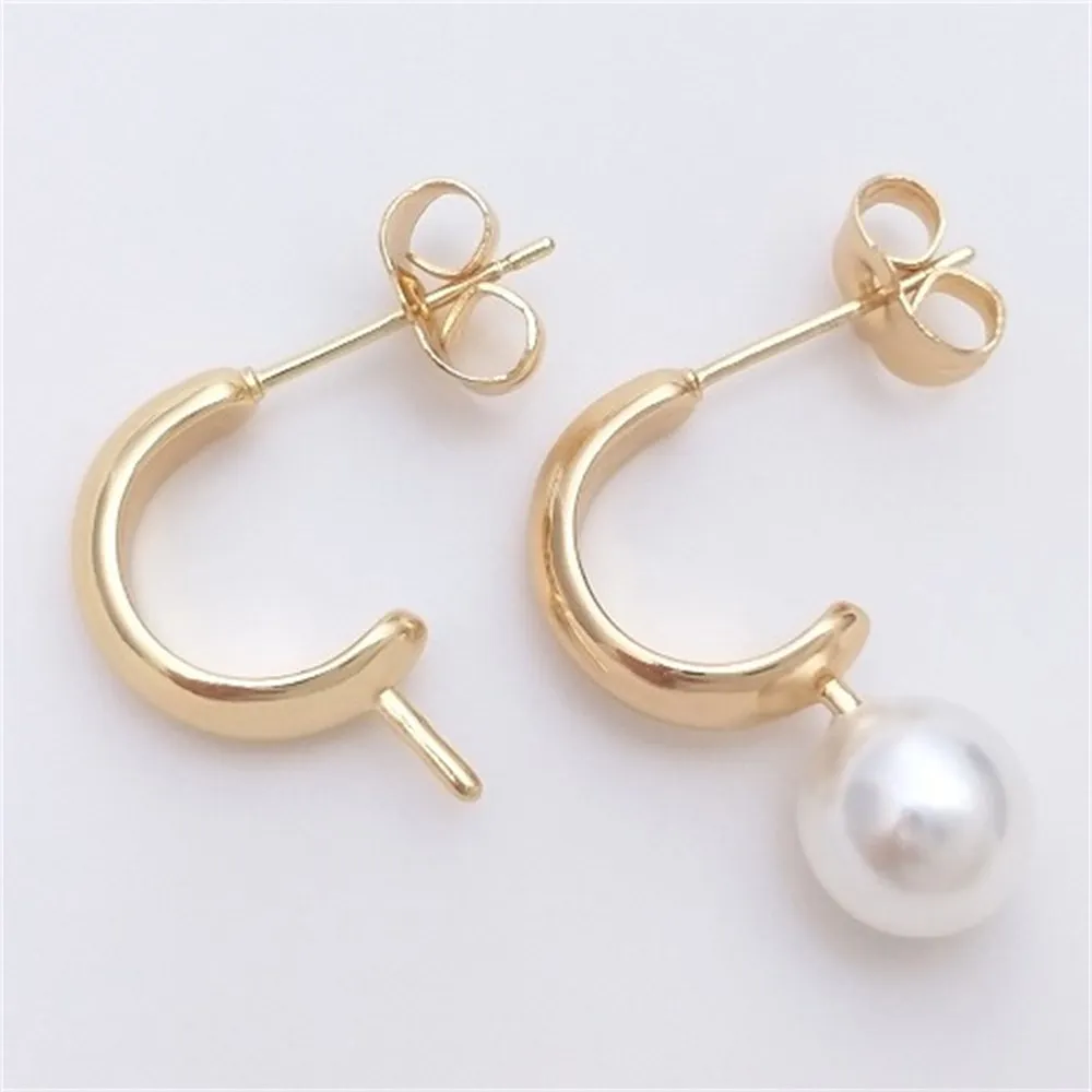 

S925 Silver Needle C-shaped Earrings 14K Gold Wrapped Half Hole Pearl Bracelet Handmade DIY Adhesive Bead Earrings Material E104