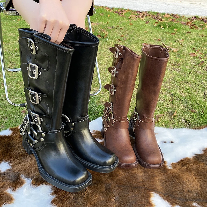 Women's Retro Brown Belt Buckle Round Head High Boots Knee Length Winter Denim Boots women knee boots