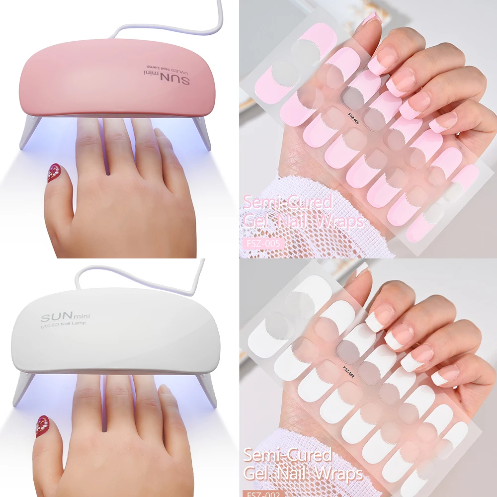 16Strips French UV Semi-Cured Gel Nail Wraps Sticker Full Cover Long Lasting LED Lamp Gel Cured Slider Decals For Nail Extension