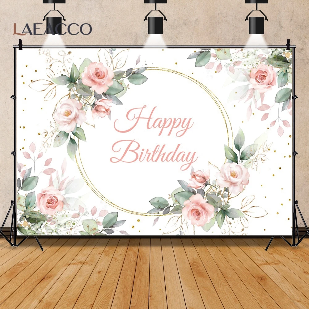 Laeacco Vinyl Happy Birthday Backdrop For Photography Gold Frame Pink Pampas Grass Flowers Baby Shower Photo Background photo backdrop