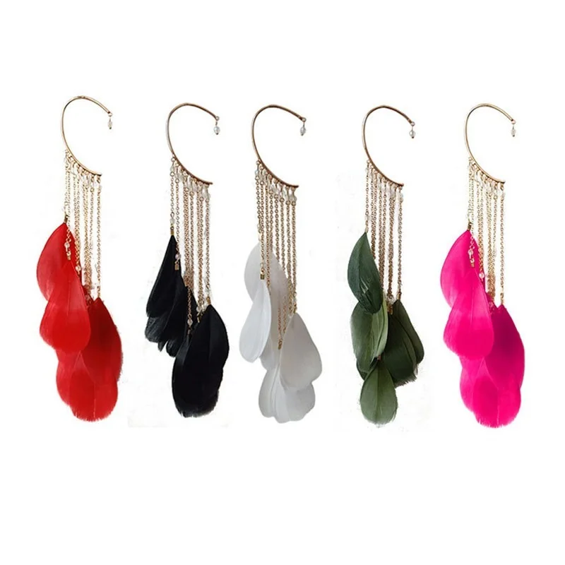 Ear Clip Earrings Clip Earrings Ear Clip Ear Accessories Bohemian Colour Feather Ear Hook Clip on Earrings Without Piercing Women Accessories Long Tassels Cuff Earring Jewelry
