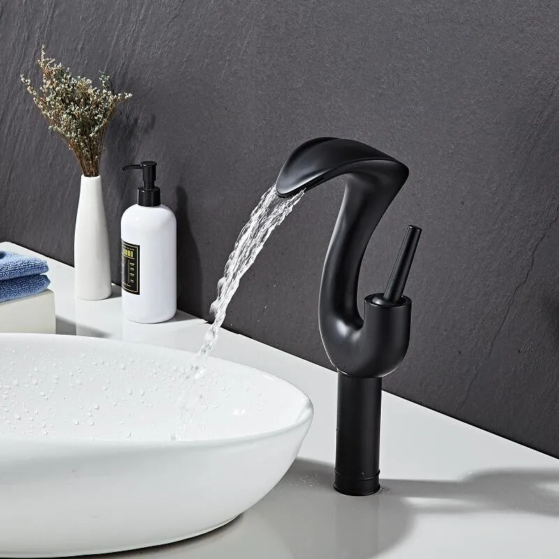 

Tuqiu Gold Bathroom Faucet Brass Black Basin Faucet Cold And Hot White Waterfall Mixer Sink Tap Single Handle Deck Mounted Tap