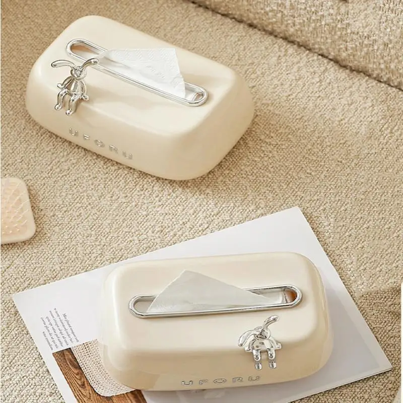 Creative Spring Tissue Box Ceramic Paper Towel Holder Paper Extractor Cute Rabbit Storage Box Household Napkin Holder 3