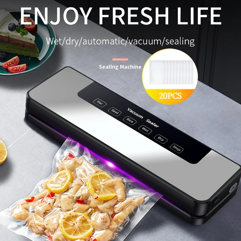6-in-1 Food Vacuum Sealer Machine – 65KPa Strong Suction, Stainless Steel, Dry/Wet Modes with 20 Bags, Automatic Grey