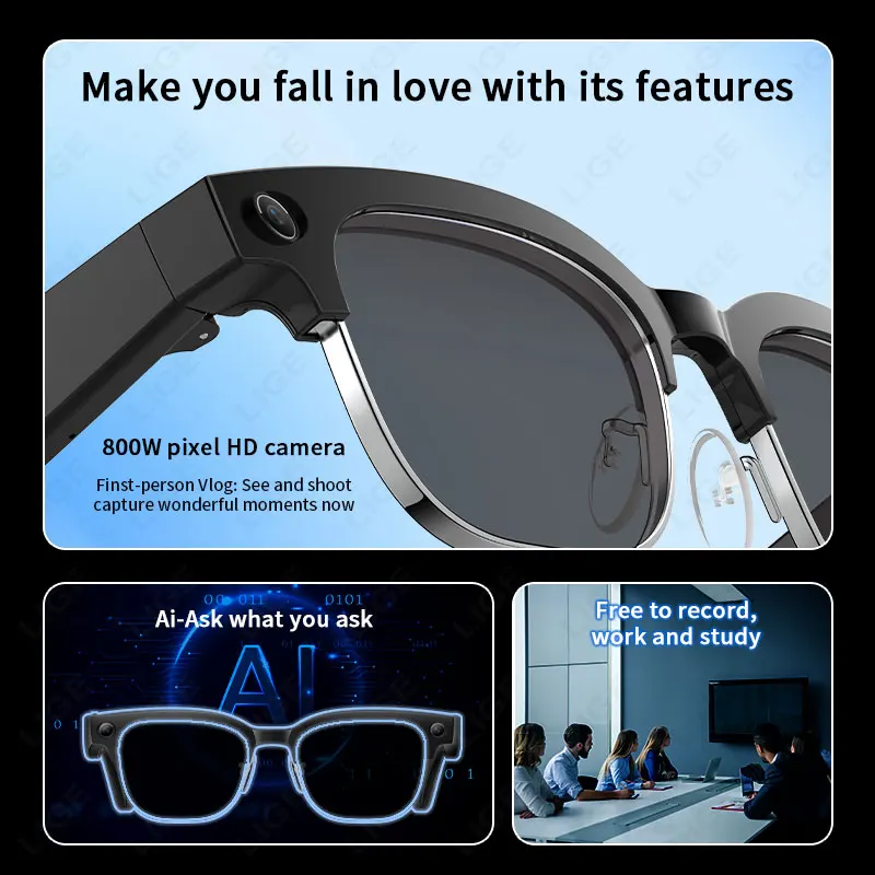 LIGE New AI 800W Camera Smart Glasses 1080P Video Record Bluetooth Call Sunglasses Voice Control Translation Color-change Lenses