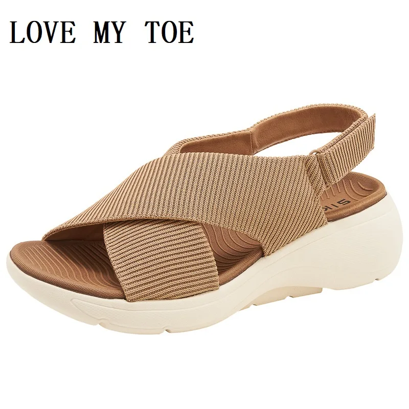 Women's Sandals Summer 2024 Casual Non-Slip Canvas Comfort MD Platform Wedge High Heels Open Toe Elegant Shoes Woman Beach Party