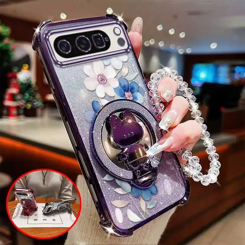 Elegant Floral Phone Case Set with Lanyard and Circular Stand