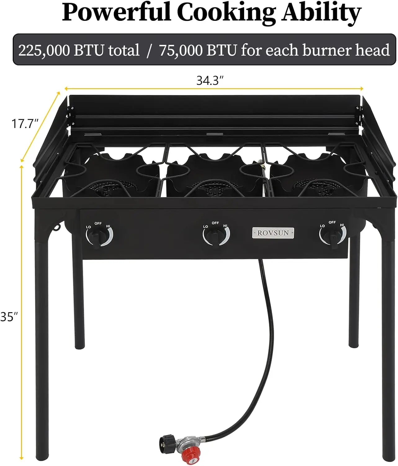 3-Burner Outdoor Portable Propane Burner Stove 225,000-BTU Gas Cooker with Windscreen & Carrying Bag, Heavy Duty Iron Cas 5