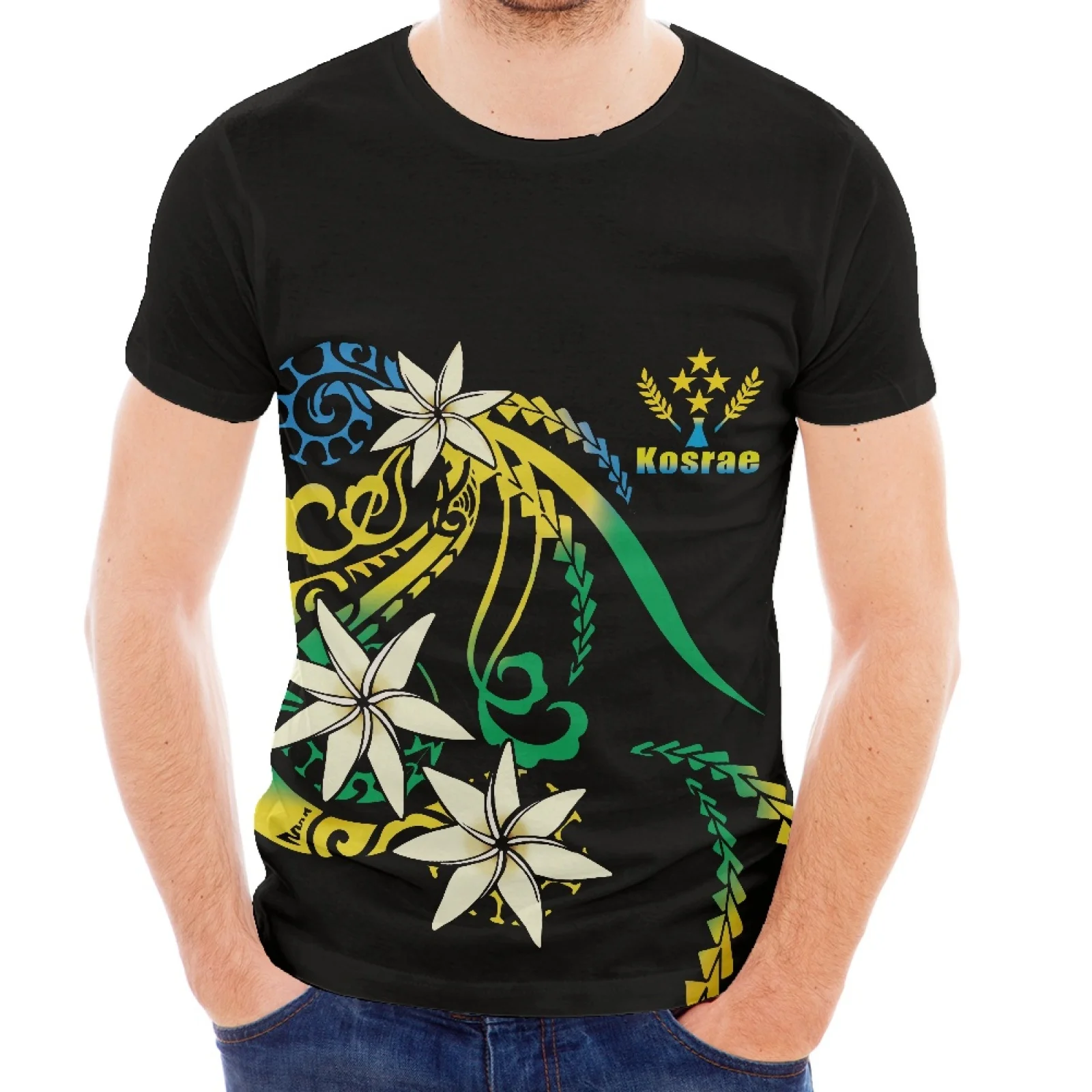 

The new Kosrae Logo Crewneck Hatless Short Sleeved T-Shirt with Black Base And Floral Print Style Is Casual And Fashionable