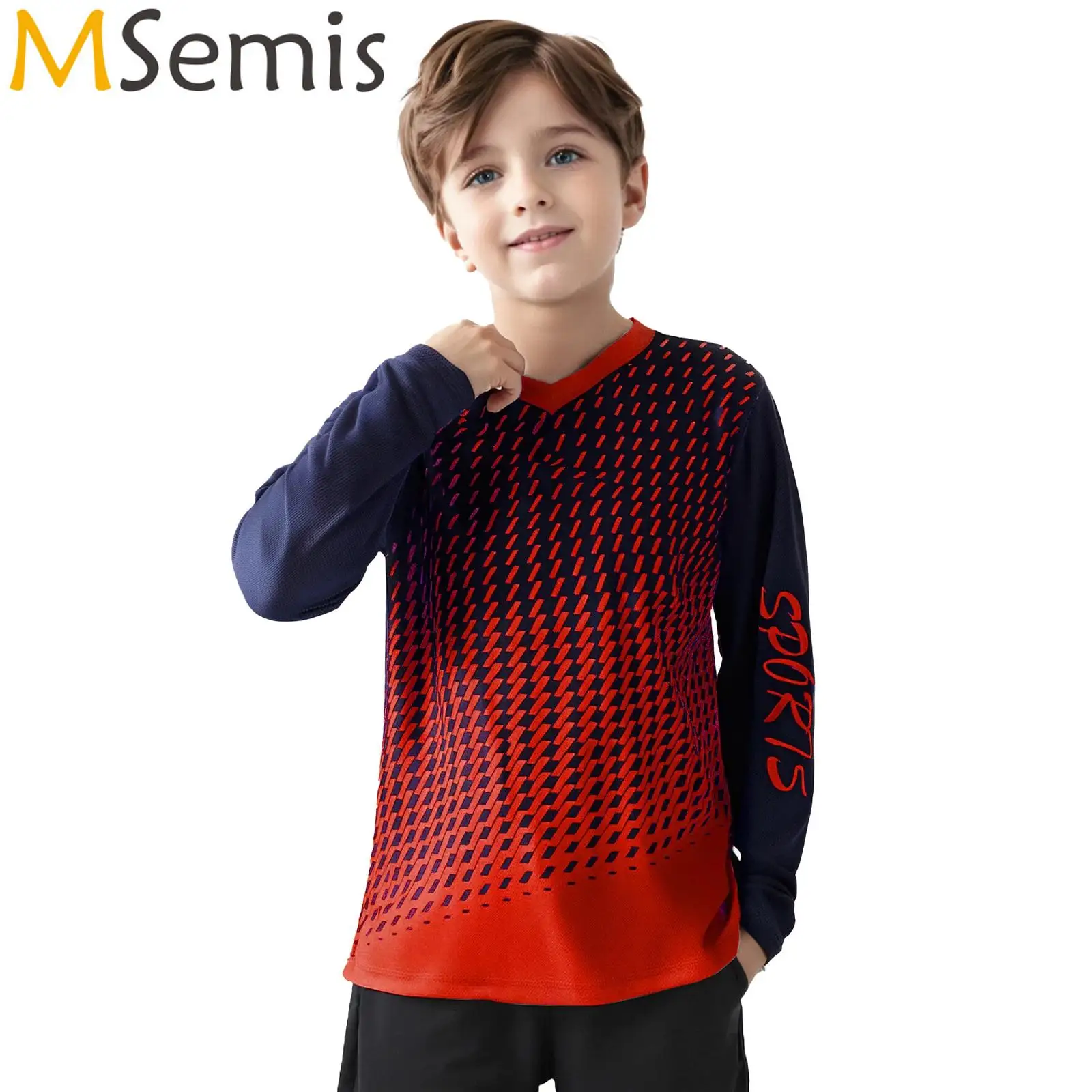 Kids Boys Cycling Jersey T-shirt Printed Athletic Shirt Tops V-Neck Long Sleeve Child's Basketball Football Training Clothings