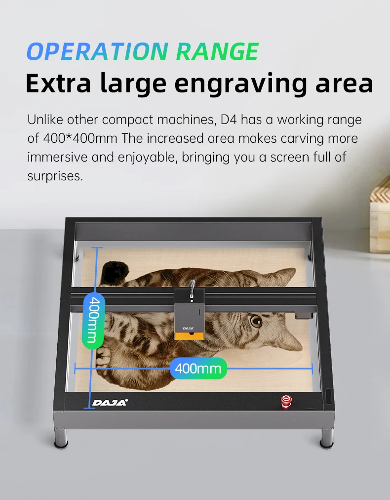 Image of the D4 Laser Engraving Machine with a focus on its 400mm x 400mm working range. The high-performance machine is shown engraving an intricate cat design on a flat surface, illustrating its capability for large projects.