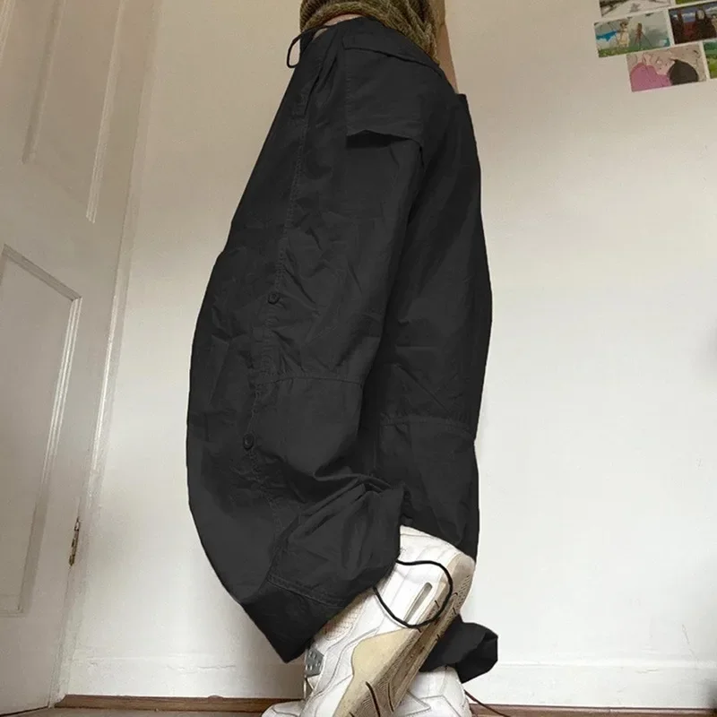 Women Casual Joggers Tech Pants Oversized Solid Low Waist Drawstring Baggy Trousers Y2K Fashion Wide Leg Cargo Pants Streetwear