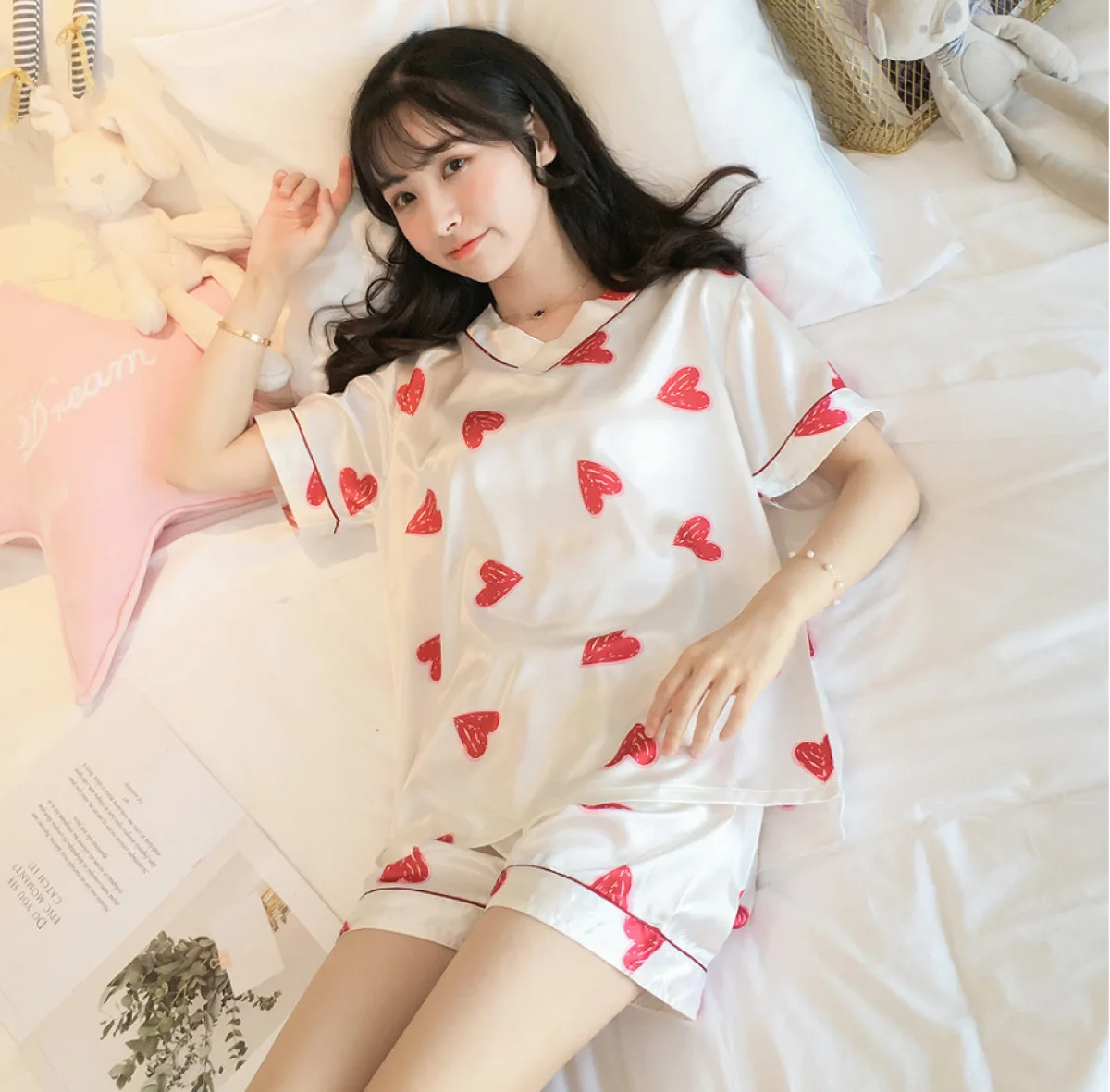 Women's Pajamas Sets Satin Silk Pyjama Heart Print Summer Pijama Mujer Pjs Sleepwear Short Sleeve Shorts 2 Piece Casual Homewear