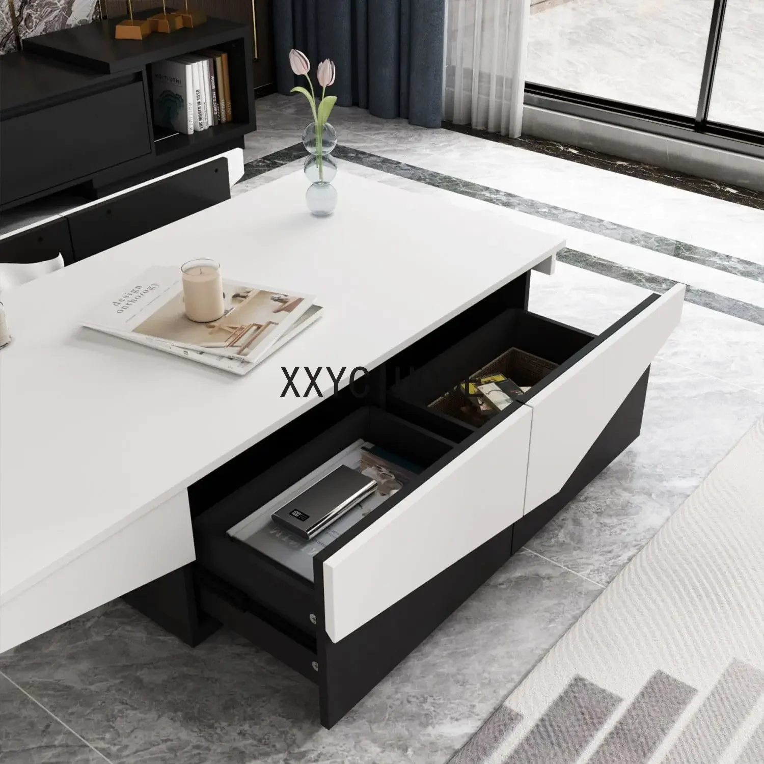 Modern Coffee Table with 4 Drawers, Central Table Living Room with Storage, White and Black Wood