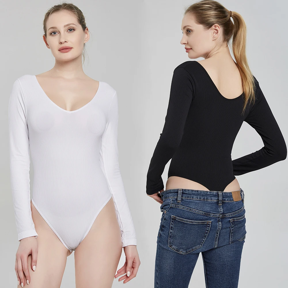 Tute Da Donna Sexy Manica Lunga Solid White Black Tute Playsuit Casual Fashion Bodycon Body G-String Perizoma Elastico Top