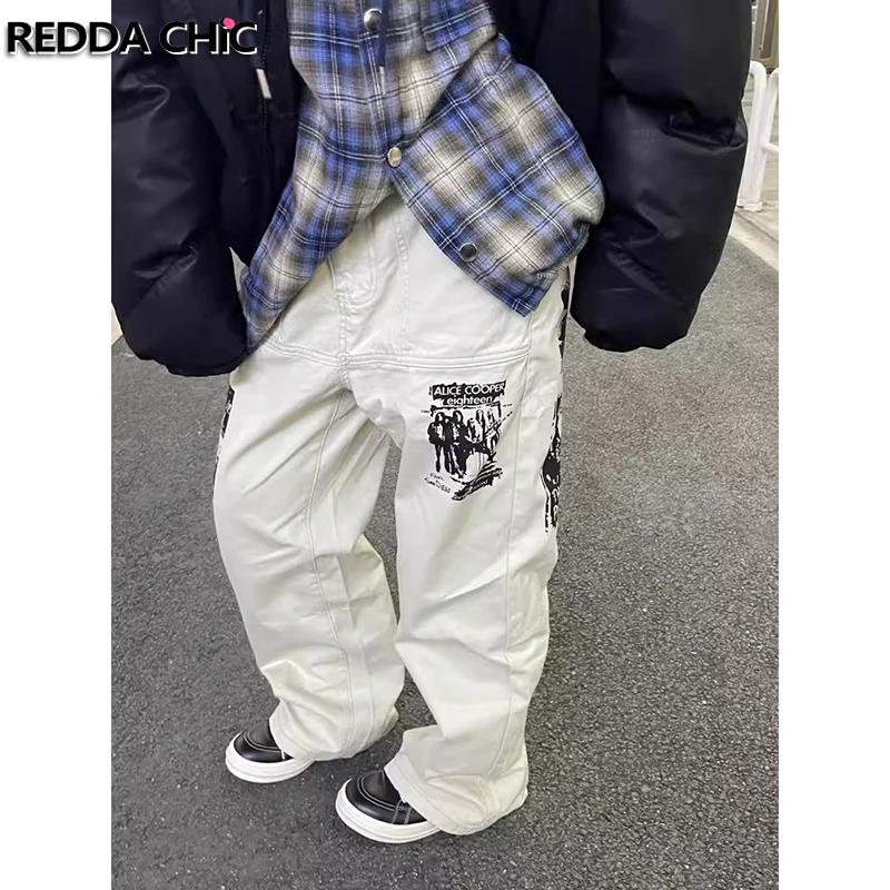 

REDDACHIC ICON Men Character Print Cargo Pants Loose Fit Straight Big Pockets Wide Leg Casual Oversize Pants Harajuku Streetwear